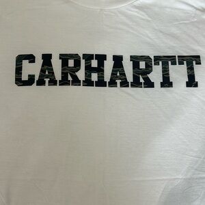 Carharrt men’s white tee with camouflage branding